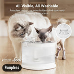 Two cats drinking from a pumpless pet water fountain with text highlighting its features.