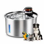 Pet water fountain with a dog, cat, and parrot around it on a 
