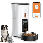 4L automatic pet feeder with LCD display and stainless steel bowl, shown with a cat and dog