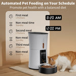 Automated pet feeder with a cat eating from a bowl, showing feeding schedule.