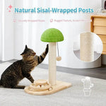 A cat scratcher tower with a mushroom-shaped green scratching top and natural sisal-wrapped post, shown on a rug with a tabby cat touching it. Text at the top reads 'Natural Sisal-Wrapped Posts' with feature callouts, and a circular inset shows a close-up of the sisal-wrapped post.