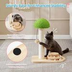 A gray cat is shown interacting with a wooden cat tree toy in a home setting, with two circular inset callouts highlighting product features: a heavy-duty wooden base and a non-slip pad. Text at the top reads 'Sturdy Base for Enhanced Stability'.
