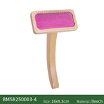 A pet grooming brush with a light natural wood handle and frame, and a bright pink textured bristle pad, shown on a white background with a green text bar at the bottom containing model and material details.