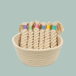 A set of six natural rope dog toys with colorful ribbed bands in purple, green, pink, blue, yellow, and teal, arranged inside a matching natural rope basket on a solid sage green background.
