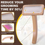 A wooden pet grooming brush with a light natural wood handle and head, white bristles, and a pink underside, shown on a promotional graphic with text callouts and three inset detail images. The headline reads 'REDUCE YOUR GROOMING TIME BY 50%!' and the background is dark brown with a faint dog photo.