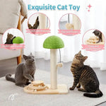Cat toy with green top and wooden base, featuring cats interacting with it.
