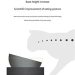 Diagram of a cat with text explaining base heightening for improved eating posture.