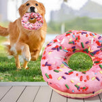 Dog playing outdoors with the pink donut plush dog toy