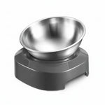 Elevated stainless steel pet bowl shown with dimensions