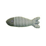 Fish-shaped toy with zigzag pattern on a white background