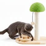 Green and beige mushroom cat scratching post with sisal pole and wooden base