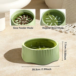 Green pet bowl with mode indicators and dimensions on a beige surface