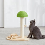 Mushroom cat scratching post with dimensions shown beside a grey cat