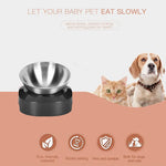 Pet feeding bowl with text encouraging slow eating, featuring a dog and cat on a peach background.