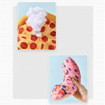 Pink donut and yellow pizza plush dog toys shown together