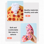 Product packaging with a pizza-shaped item and a donut-shaped plush toy, labeled 'Quality materials, healthy and safe' and 'Soft and comfortable, not easy to deform'.