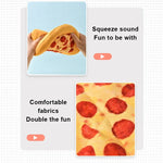 Product packaging with a toy resembling a pepperoni pizza, showing hands squeezing it, and text about comfort and sound.