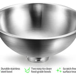 Stainless steel bowl with durability, cleaning, and surface treatment features on a white background