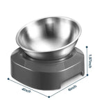 Stainless steel pet bowl with dimensions on a white background