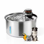 Stainless steel pet water fountain with animals on a white background