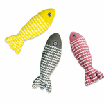 Three linen fish cat toys in yellow, grey and pink on a white background