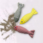 Three linen fish cat toys shown together on a white background