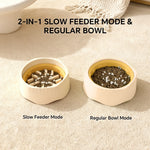 Two pet bowls with different feeding modes on a beige surface.