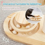 Wooden interactive turntable for cats with text highlighting features and a cat playing with it.