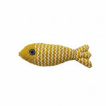 Yellow fish-shaped toy with dimensions and product details on a white background