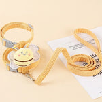 Yellow pet collar and leash set on a light beige background