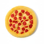 Yellow pizza plush dog toy with pepperoni, shown with dimensions
