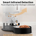Pet food dispenser with a bowl of kibble, highlighting smart infrared detection feature.