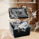 Black electronic device with water splashes and text 'Removable for easy cleaning' in a room setting.