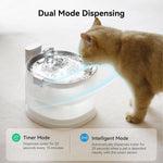 Cat drinking water from a pet fountain with dual mode dispensing features.