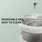 White pet water fountain with text 'Removable and easy to clean' on a light green background