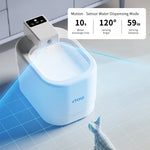 Motion-sensor water dispensing device with specifications on a tiled floor.
