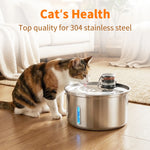 Cat drinking from a stainless steel water fountain with text 'Cat's Health' and 'Top quality for 304 stainless steel'.