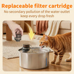 Cat drinking water from a pet fountain with text about replaceable filter cartridge.