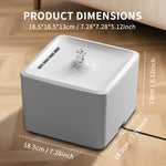 White pet water fountain with dimensions displayed on a wooden surface