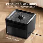 Black pet water fountain with dimensions displayed on a wooden surface