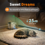 Cat sleeping on a rug with a device labeled 'Sweet Dreams' and 'Ultra-quiet' feature.