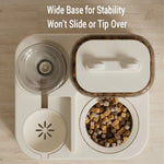 White pet food bowl with wooden cubes on a wooden surface