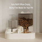 Pet feeder with water dispenser on a wooden floor.