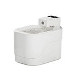 White pet water fountain with dimensions displayed on a light gray surface.