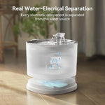 Pet water fountain with text about water-electrical separation on a blurred background